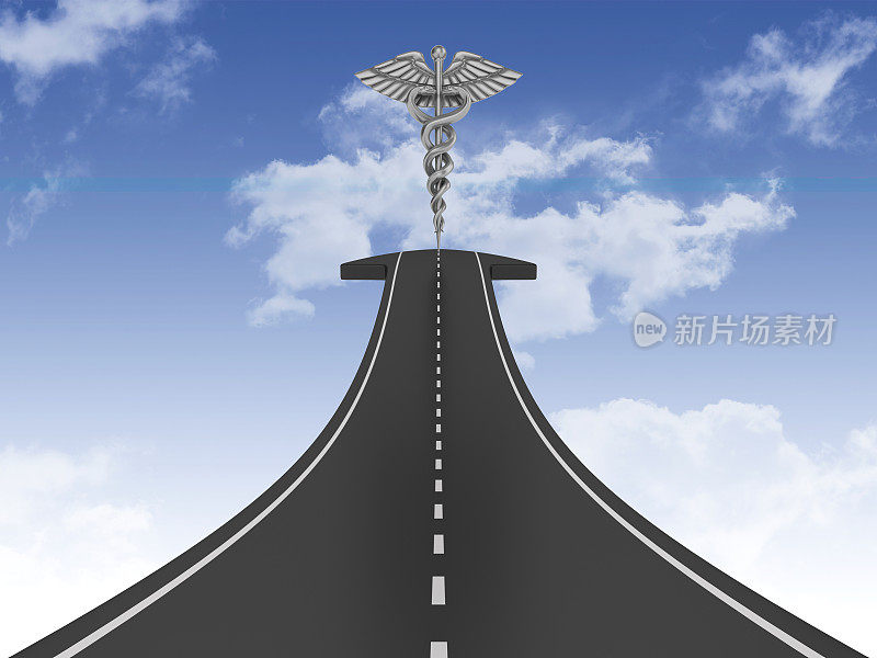 道路箭头与Caduceus符号在天空- 3D渲染